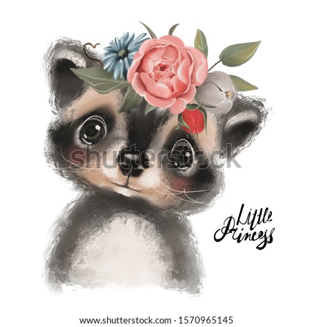 Cute hand drawn racoon in floral wreath, flowers bouquet, woodland watercolor animal portrait
