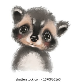 Cute Hand Drawn Racoon, Woodland Watercolor Animal Portrait