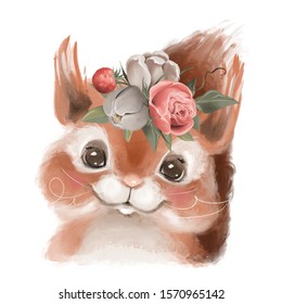 Cute Hand Drawn Squirrel In Floral Wreath, Flowers Bouquet, Woodland Watercolor Animal Portrait