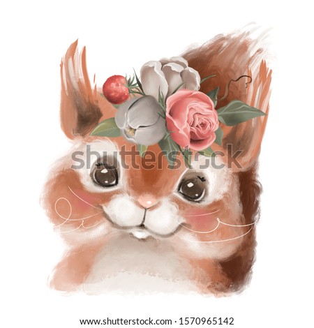 Cute hand drawn squirrel in floral wreath, flowers bouquet, woodland watercolor animal portrait