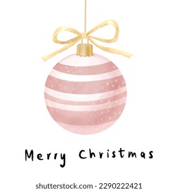 Cute hand drawn watercolor pink pastel Christmas ornament and horizontal stripes pattern with a gold ribbon. Hand written black paint strokes tex Merry Christmas isolated on white background. - Powered by Shutterstock