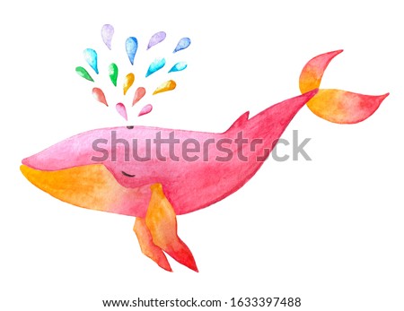 Cute hand drawn watercolor pink and yellow colored whale with rainbow fountain water drops.Hand painted illustration with whale isolated on white background.Kids products, print, fabrics, wallpapers.