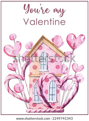 Cute hand painted detailed Valentine greeting card with pink house facade, hard candy lollipop and blooming flowers. Watercolor Saint Valentine's day design
