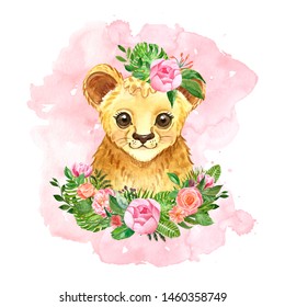 Cute hand painted lion cub in cartoon style  Summer watercolor print and little baby animal  tropical plants   pink flowers  For nursery clothing design  posters  textile  cards 