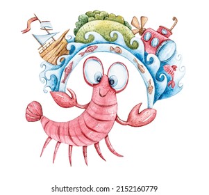 Cute Hand Painted Watercolor Cartoon Character Illustration On White Background. Crab Clipart For Baby Shower, Sublimation, Print, Textile Pattern, Scrapbook Paper, Sticker, Birthday Greeting Card