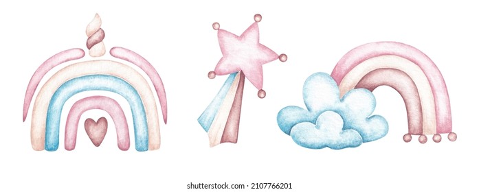 Cute hand-drawn watercolor clipart of rainbows, stars, clouds. For designing party invitations, stickers, greeting cards, flyers, covers. Girls clipart isolated on white. Unicorn party