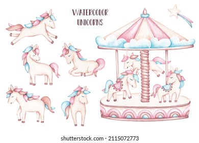 Cute hand-drawn watercolor clipart - unicorns, carousel, rainbows. For designing party invitations, stickers, greeting cards, flyers, covers. Girls clipart isolated on white