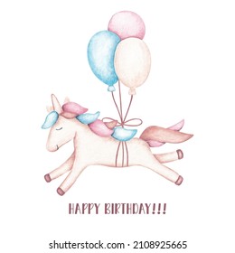 Cute hand-drawn watercolor unicorn with balloons. For designing party invitations, stickers, greeting cards, flyers, covers. Girls illustration isolated on white. Greeting card with unicorn