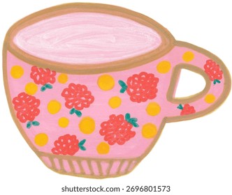 Cute hand-painted pink cup with raspberry pattern and yellow dots. Whimsical pastel tea cup illustration in cozy cottagecore style, perfect for stickers, stationery, tea time and branding