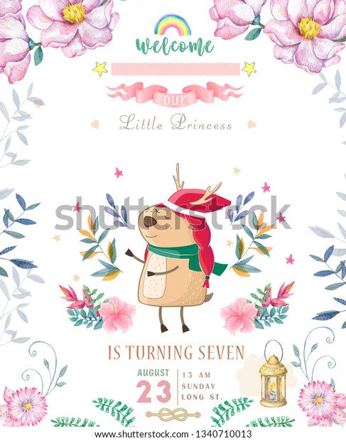 漫画の鹿を持つかわいいハッピーバースデー カード 水彩の妖精クリップアートと美しいボホのピンクの花 花 白い背景にグリーティングカード用のランプの光と葉 のイラスト素材