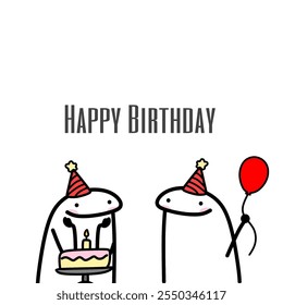 Cute Happy Birthday Minimal Card With Two Characters Holding Balloon and Cake. Minimal Birthday Card - Powered by Shutterstock