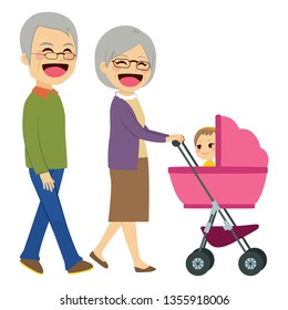 Cute Happy Grandparents Pushing Stroller With Newborn Baby