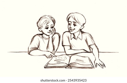 Cute happy joy smile guy baby son sit care rest relax room home. Black pencil line hand drawn man parent fun teen speak class table desk look open old retro faith tale story cartoon art wisdom symbol - Powered by Shutterstock