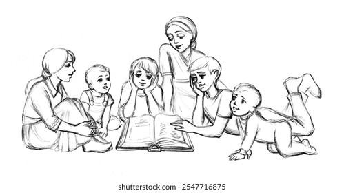 Cute happy joy smile guy baby son sit care rest relax room home. Black pencil line hand drawn man parent fun teen company speak park grass lawn look open old retro faith tale story cartoon art symbol - Powered by Shutterstock