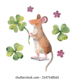 A cute happy mouse holding a four leaf clover. Good luck card design. Watercolor illustration. 