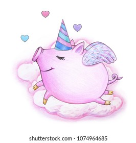  Cute  happy  pig cartoon in pink clouds. - Powered by Shutterstock