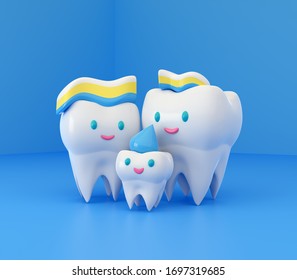 Cute Happy Smiling Family Of Teeth With Toothpaste Hairstyle. Clear Tooth Concept.Brushing Teeth. Dental Kids Care. 3d Illustration