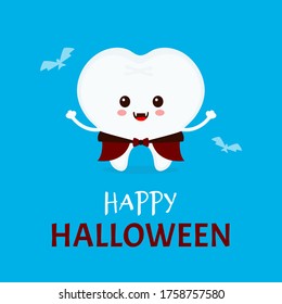 Cute Happy Smiling Funny Tooth In Halloween Vampire Costume. Modern Flat Style Cartoon Character Illustration.Clear Tooth Kid Children. Happy Halloween Concept Dental Dentist Card.