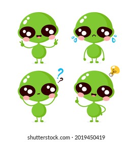 Cute Happy Smiling And Sad Alien Character Set Collection. Flat Cartoon Illustration Icon Design. Isolated On White Background. Alien Character Concept