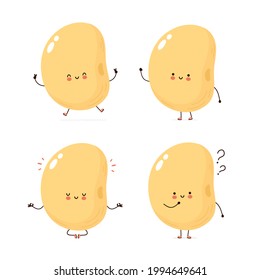 Cute happy soy, soya bean character set collection. Isolated on white background. kawaii  cartoon character illustration. Soya, cute soy bean, vegan cartoon bundle