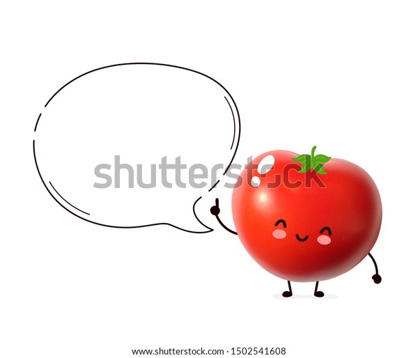 かわいい幸せなトマト野菜とスピーチバブル 手描きのグラフィックエレメントを使用したカートーンのキャラクタイラスト デザイン 白い背景に 赤い新鮮なトマトのコンセプト のイラスト素材