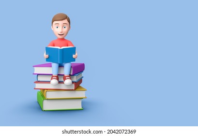 Cute Happy Young Kid Reading while Sitting on a Stack of Colorful Books. 3D Cartoon Character on Blue Background with Copy Space 3D Illustration