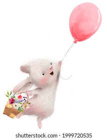 cute hare fly with balloon and flowers