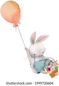 cute hare fly with balloon and flowers