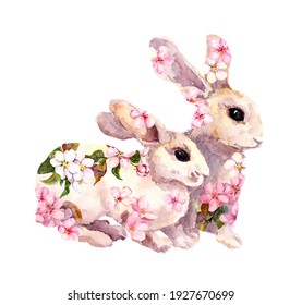 Cute Hare Pets, Small Rabbits In Apple, Cherry Flowers. Spring Vintage Watercolor Painting With Furry Bunny