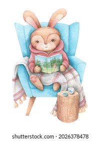 A Cute Hare Reads A Book. Cozy Armchair And Soft Blanket. Hand Drawn Watercolor Illustration On A White Background. Image For The Decor Of A Children's Room, Poster, Postcard.