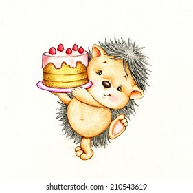 Cute Hedgehog With Cake