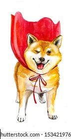 Cute hilarious Akita Inu dog breed. watercolor illustration or print.