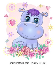 Cute hippo cartoon with beautiful eyes among flowers, hearts. print t-shirts, baby clothes fashion design, baby shower invitation card.