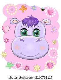 Cute hippo cartoon with beautiful eyes among flowers, hearts. print t-shirts, baby clothes fashion design, baby shower invitation card