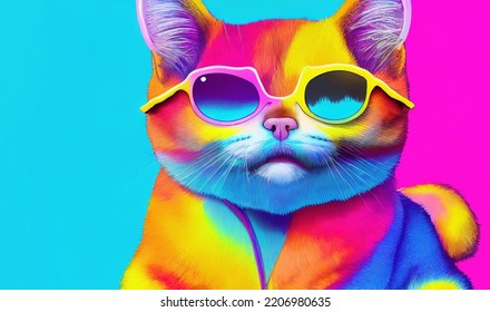 Cute hipster cat and sunglasses in trippy psychedelic rainbow colors as illustration