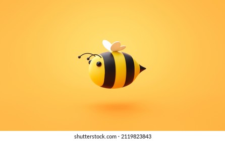 Cute Honey Bee 3d Cartoon Character Design Of Sweet Nature Happy Honeybee Organic Animal Food Product Icon Or Flying Creative Art Bumblebee Symbol And Wasp Bug Mascot Concept On Yellow Background.