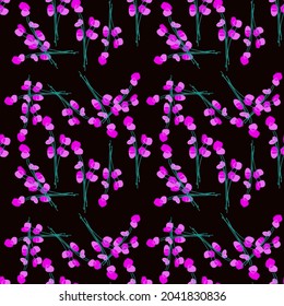 Cute Hot Pink Floral Flower Stalk In Black Background Seamless Pattern