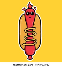 A Cute Hotdog Character Illustration. With Angry Face Illustration. Kids Restaurant Menu