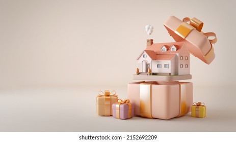 Cute house in gift box and gold ribbon 3d rendering