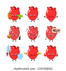 Cute human heart organ set. Healthy and unhealthy human organ. modern style cartoon character illustration icon design. Bad habits,nutrition,heart protection concept - Powered by Shutterstock