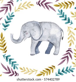 Cute illustration and baby elephant   Floral frame 