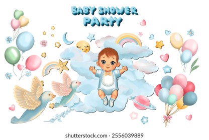 Cute illustration of a baby shower party in pastel tones, decorated with clouds, birds, balloons, stars and hearts.Perfect for celebrating newborn arrivals, creating invitations,or party decor,poster. - Powered by Shutterstock