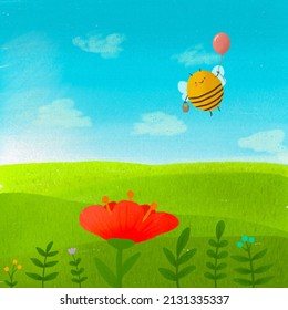Cute illustration with bee on the meadow. Funny bee and flowers. Ideal for poster, greeting card, print. Sweet raster illustration.