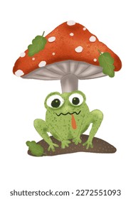 cute illustration in cartoon style big mushroom   cute frog