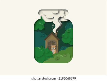 Cute Illustration Of Cats Making An Imaginary House In A Jar