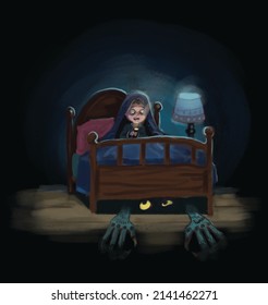 Cute illustration child and monsters under the bed  children illustration cartoon art for children's book