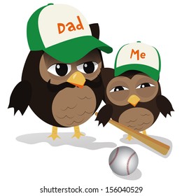 Cute Illustration Of Father And Kid Owl Ready For Baseball Play 