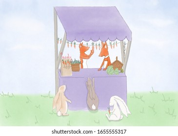 Cute illustration of foxes and bunnies. little and fat rabbits are buying carrots from foxes.Print for 
Village Fair, children's book illustrations,postcards, Textile, cup, t shirt, disign card.