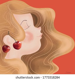 Cute Illustration Of A Girl With Cherry Earrings