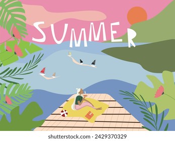 Cute illustration of a girl at the seaside resort for banner, flyer or poster. Summer time fun design concept. Creative landscape background, sea and beach panorama. Summer sale, post template. - Powered by Shutterstock